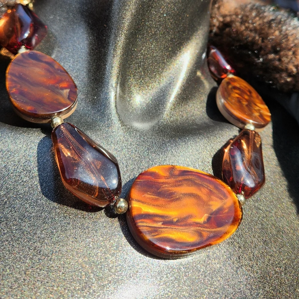 🤎Elegant Brown & Ambertone🤎 Statement Necklace with Earrings Set- Reversible. - Picture 9 of 16